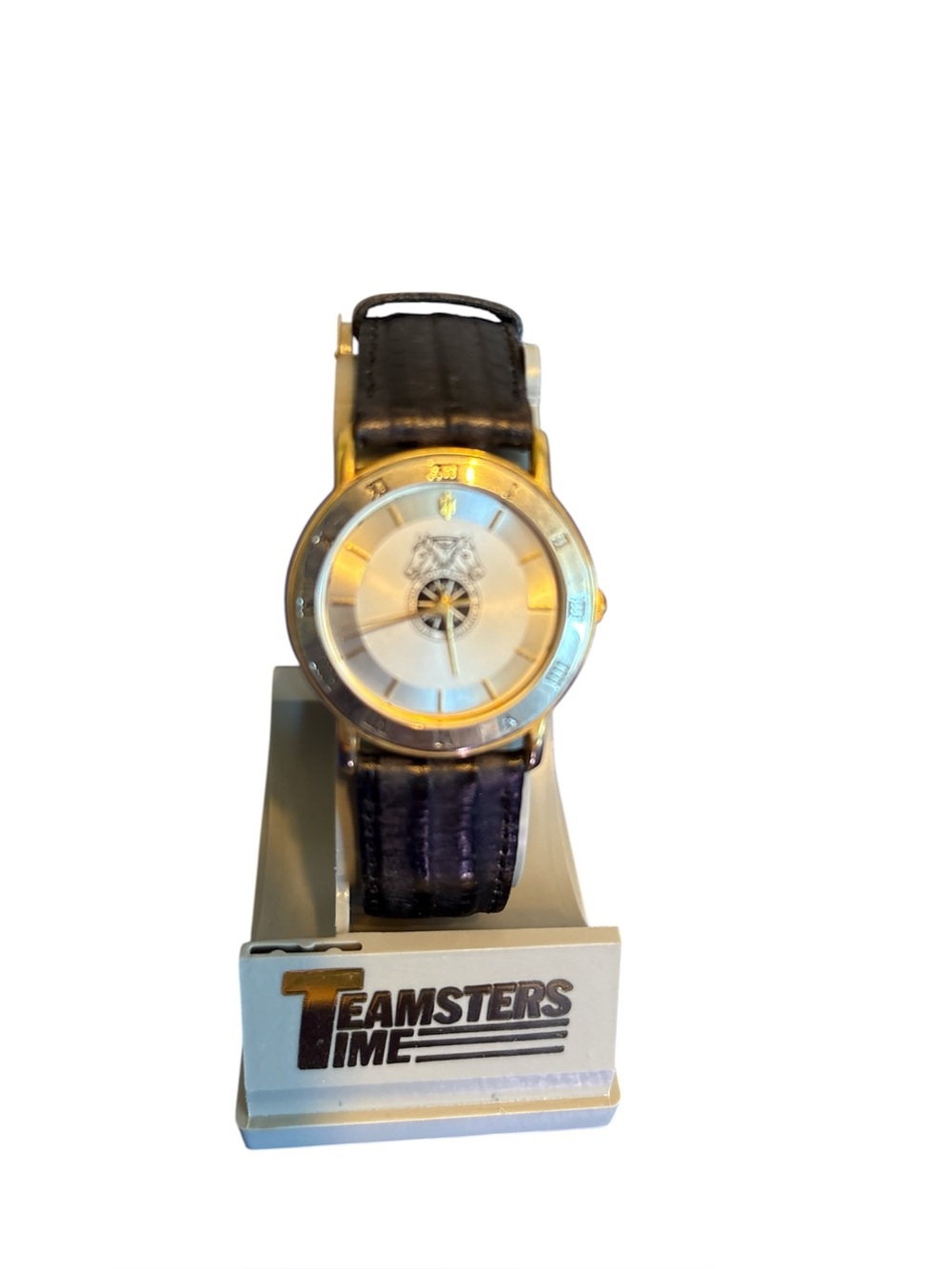 Vintage Teamsters Local 8 Quartz Watch Gold Tone Roman Dial Leather Band